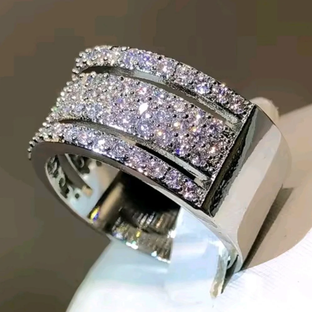 Unisex 925 Sterling Silver Pave Band Ring Sz 10